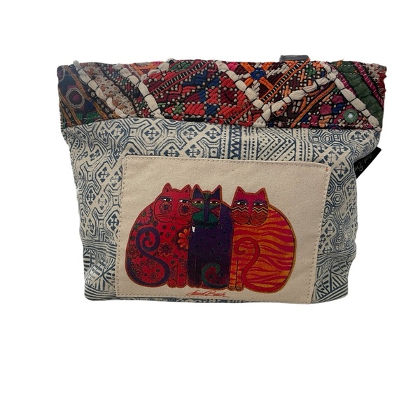 Laurel Burch Colorful Cat shopper Pattern Tote canvas bag with zipper - Picture 8 of 9